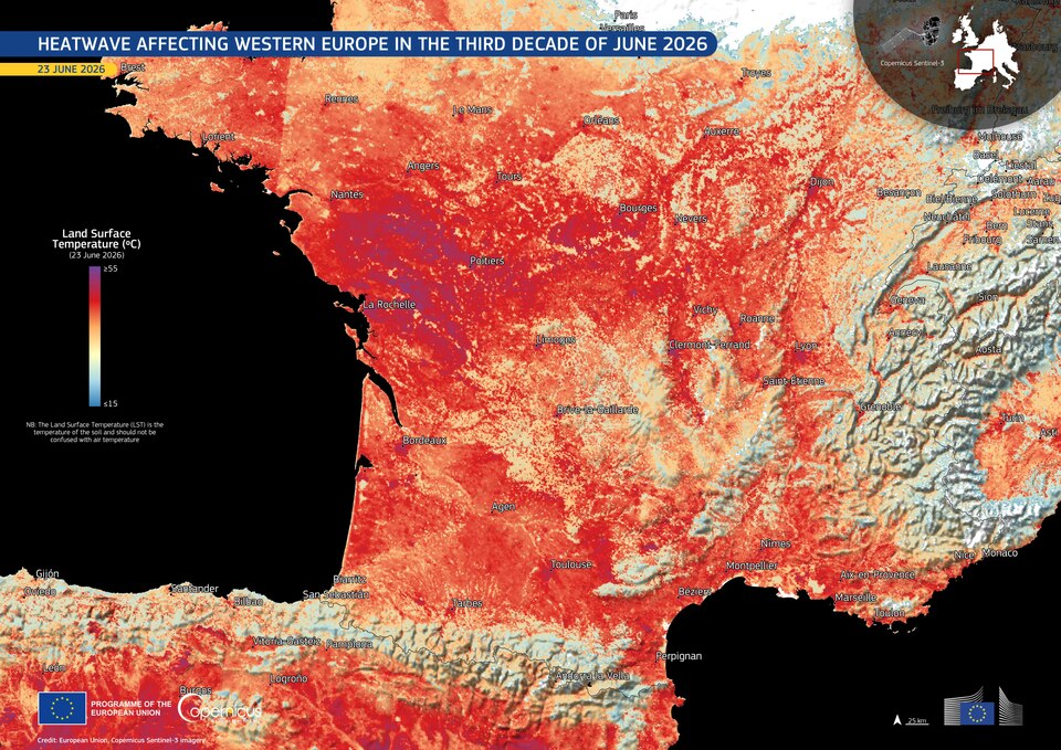 卫星影像/Imagen satélite: 2026年西欧热浪;Copernicus Sentinel-3 / European Union,CC BY 4.0。